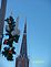 Street Holiday decoration with church steeple in background. Taken December 2010 Worthington, Iowa by Diane Harris.