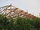 A shed being built taken through the grass.